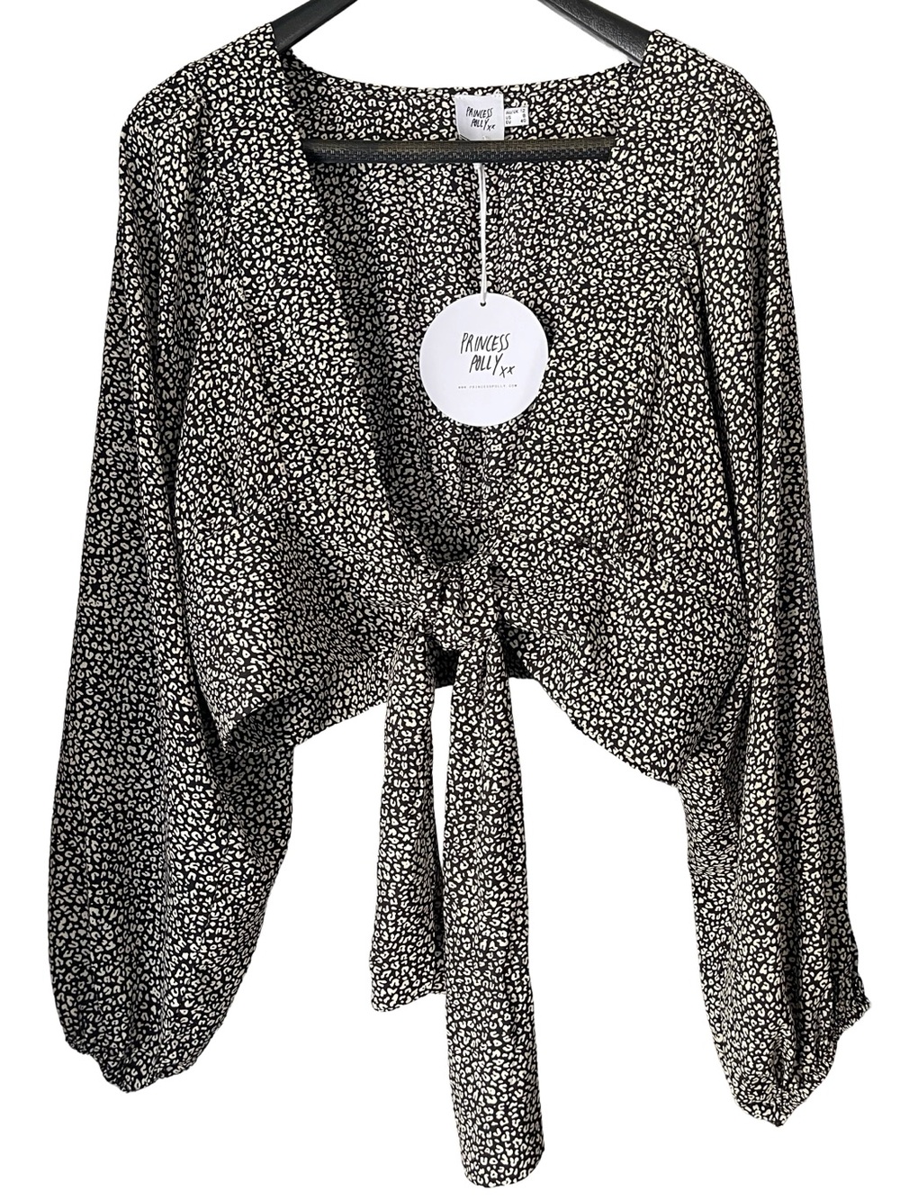 Princess Polly New Mood Tie-Front Cropped Blouse in Black & Cream, NWT